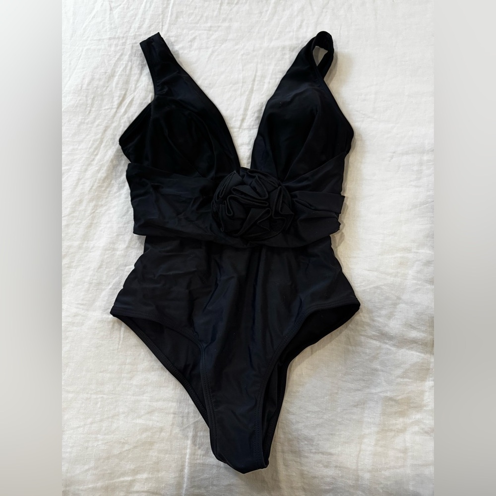 Plunge neck black swimsuit